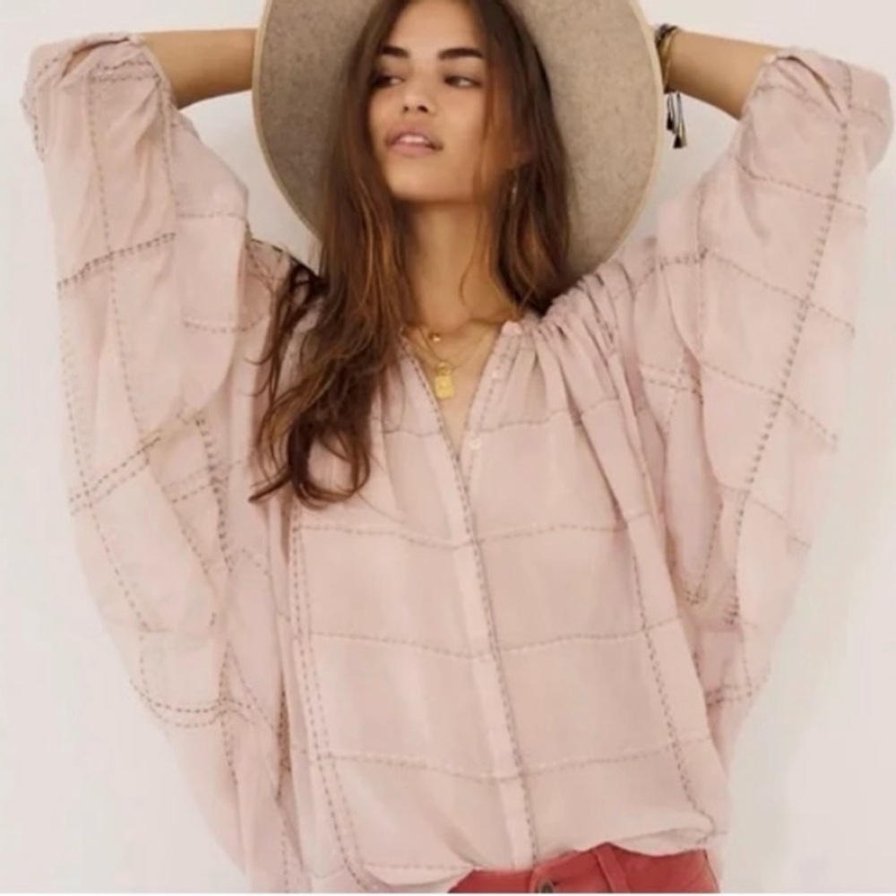 Anthropologie Sarabeth Textured Blouse Blush Boho Peasant Balloon Sleeve Top S